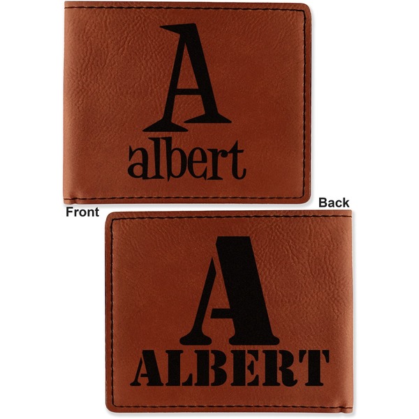 Name & Initial Cognac Leatherette Bifold Wallets - Front and Back