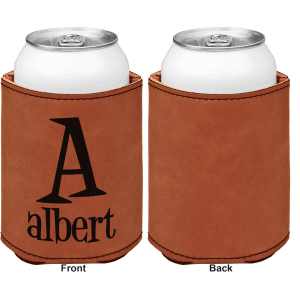 Name & Initial Cognac Leatherette Can Sleeve - Single Sided Front and Back