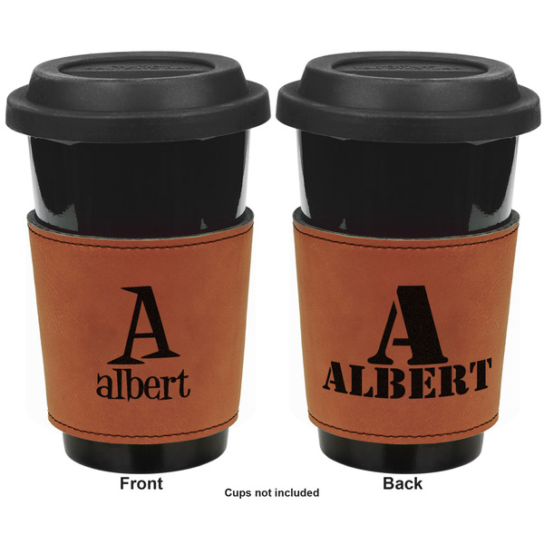 Name & Initial Cognac Leatherette Mug Sleeve - Double Sided Apvl