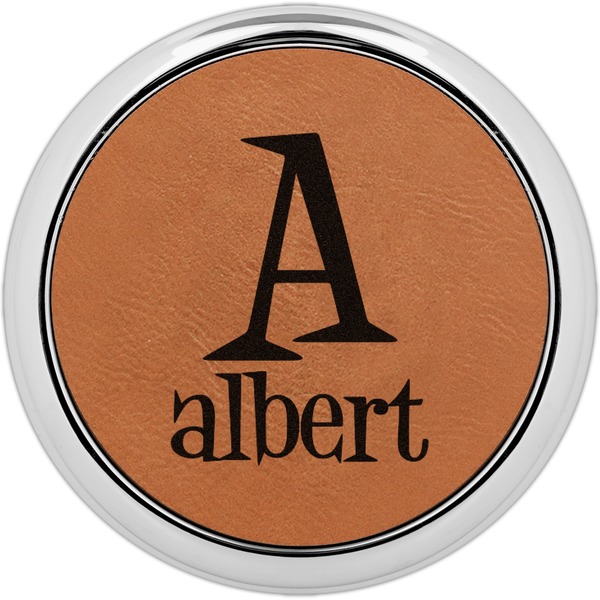 Custom Name & Initial Leatherette Round Coaster w/ Silver Edge (Personalized)