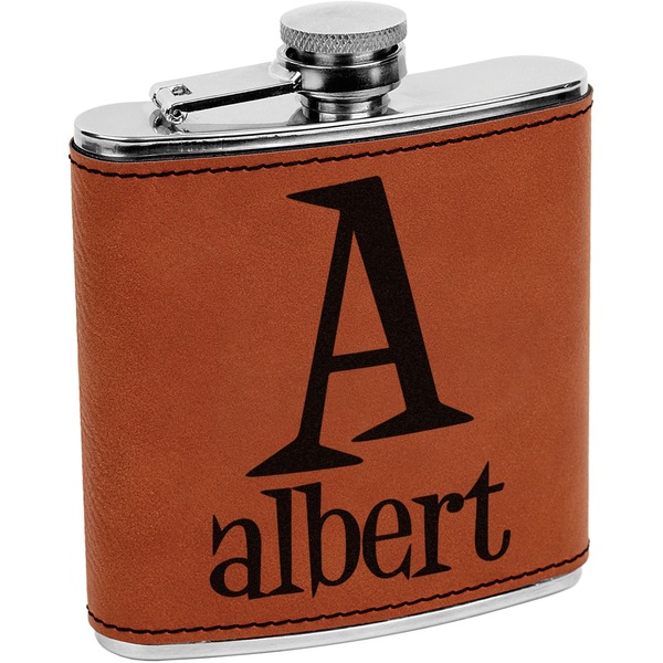 Custom Name & Initial Leatherette Wrapped Stainless Steel Flask (Personalized)