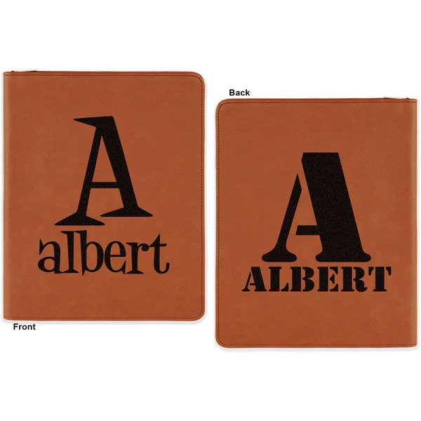 Name & Initial Cognac Leatherette Zipper Portfolios with Notepad - Double Sided - Apvl