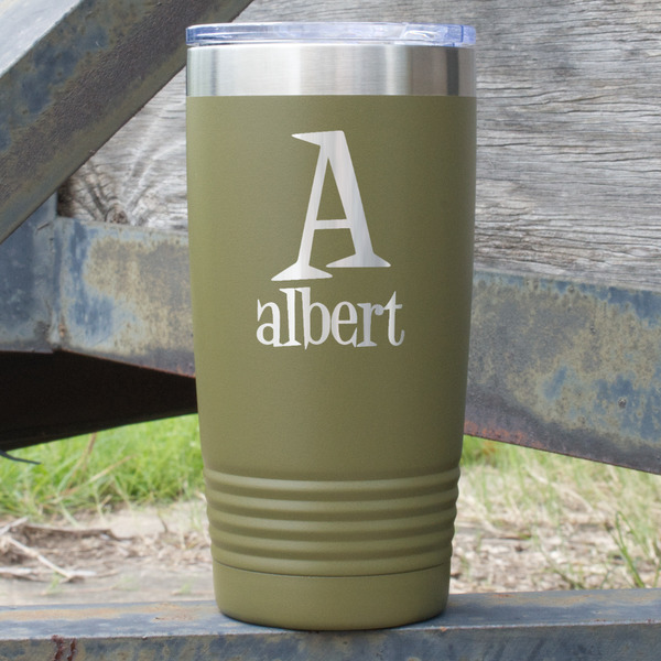 Custom Name & Initial 20 oz Stainless Steel Tumbler - Olive - Single-Sided (Personalized)