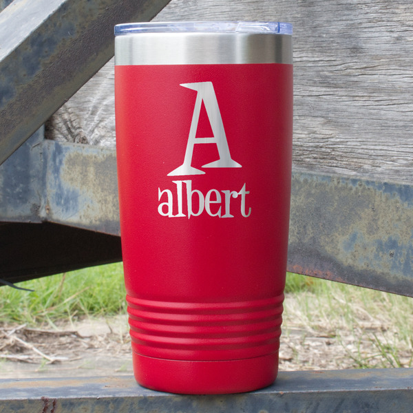 Custom Name & Initial 20 oz Stainless Steel Tumbler - Red - Single-Sided (Personalized)