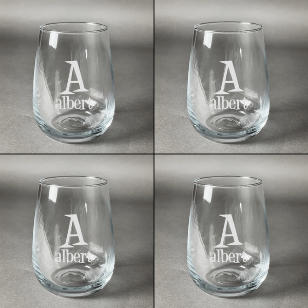 Name & Initial Set of Four Personalized Stemless Wineglasses (Approval)