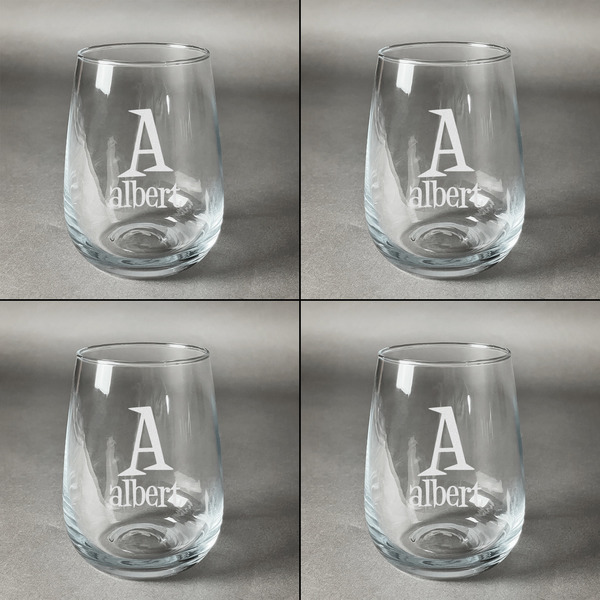 Name & Initial Set of Four Personalized Stemless Wineglasses (Approval)