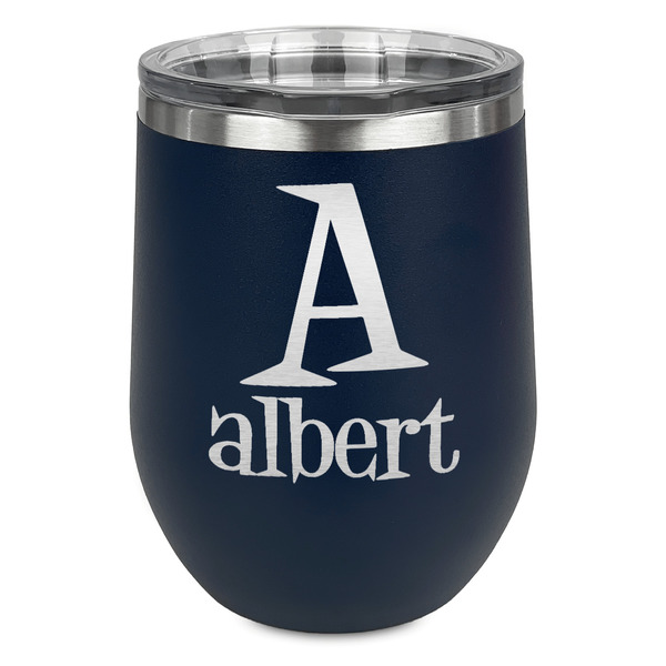 Custom Name & Initial Stemless Stainless Steel Wine Tumbler - Navy - Single-Sided (Personalized)