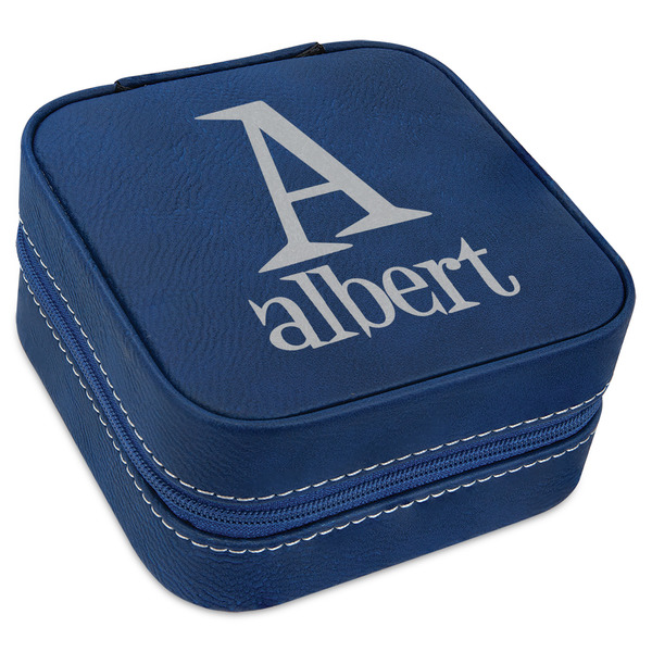 Custom Name & Initial Travel Jewelry Box - Navy Blue Leather (Personalized)