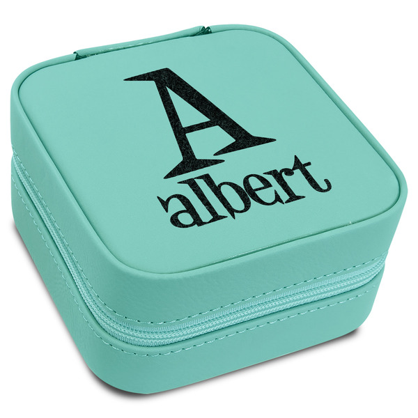 Custom Name & Initial Travel Jewelry Box - Teal Leather (Personalized)