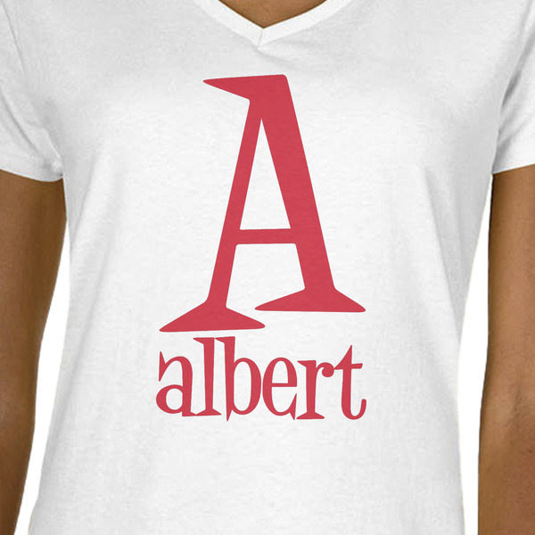 Name & Initial White V-Neck T-Shirt on Model - CloseUp
