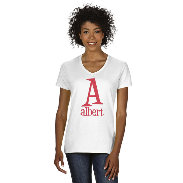Custom Name & Initial V-Neck T-Shirt - White - Small (Personalized)