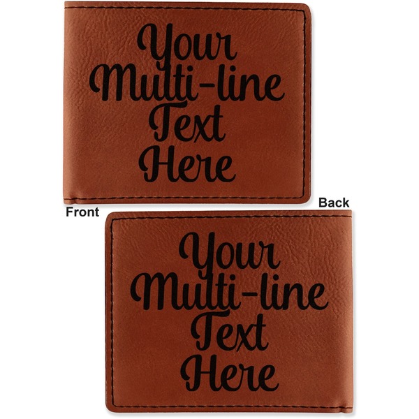 Multiline Text Cognac Leatherette Bifold Wallets - Front and Back