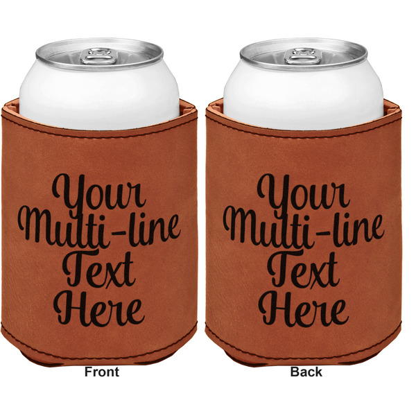 Multiline Text Cognac Leatherette Can Sleeve - Double Sided Front and Back