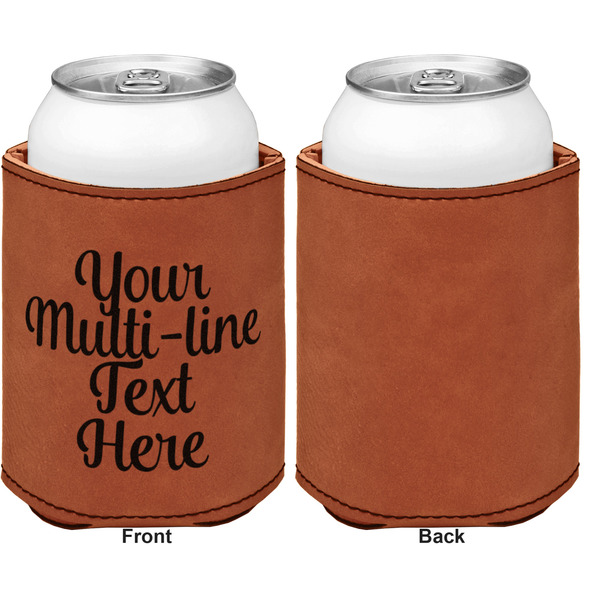 Multiline Text Cognac Leatherette Can Sleeve - Single Sided Front and Back