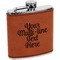 Multiline Text Cognac Leatherette Wrapped Stainless Steel Flask