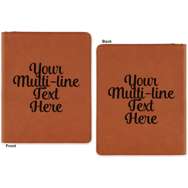 Multiline Text Cognac Leatherette Zipper Portfolios with Notepad - Double Sided - Apvl