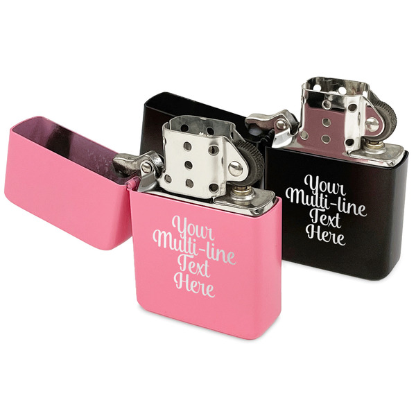 Multiline Text Windproof Lighters - Black & Pink - Open
