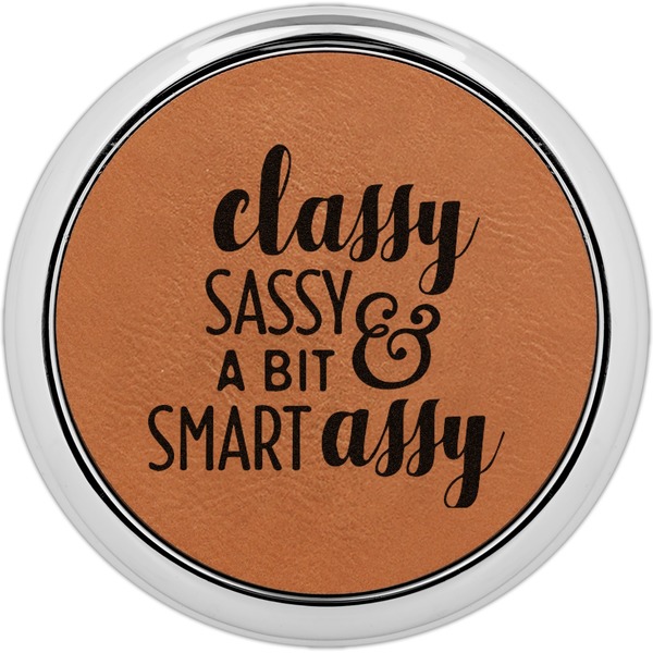 Custom Sassy Quotes Leatherette Round Coaster w/ Silver Edge