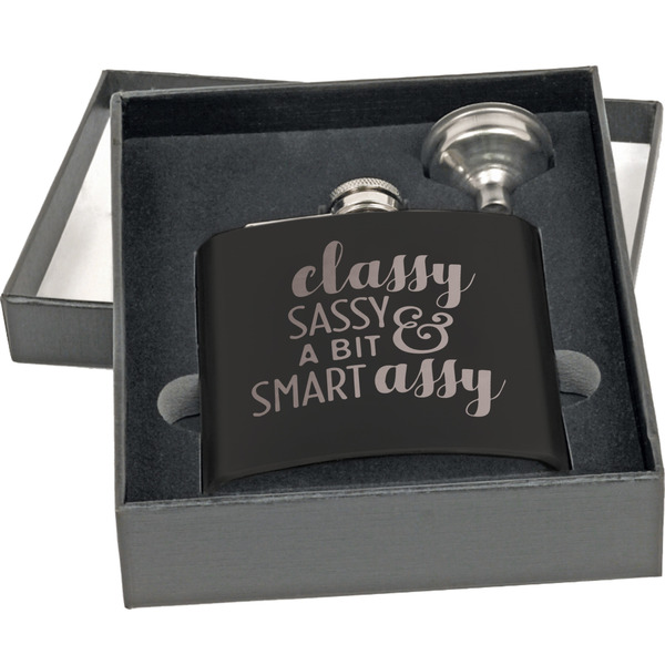 Sassy Quotes Engraved Black Flask Gift Set