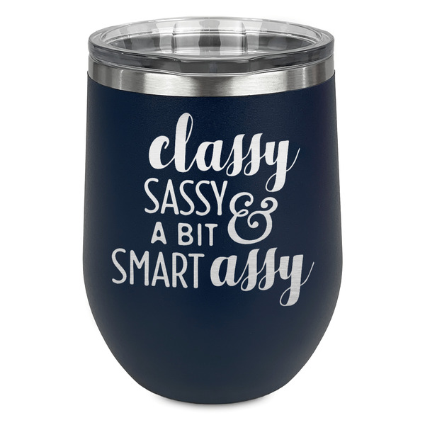 Custom Sassy Quotes Stemless Stainless Steel Wine Tumbler - Navy - Double Sided