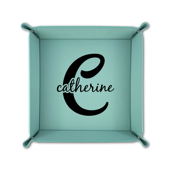 Name & Initial (Girly) 6" x 6" Teal Leatherette Snap Up Tray - FOLDED UP