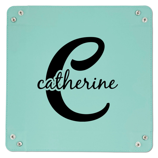 Name & Initial (Girly) 9" x 9" Teal Leatherette Snap Up Tray - APPROVAL