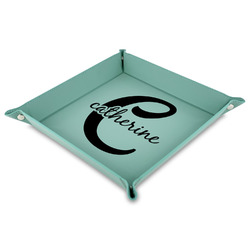 Name & Initial (Girly) 9" x 9" Teal Faux Leather Valet Tray (Personalized)