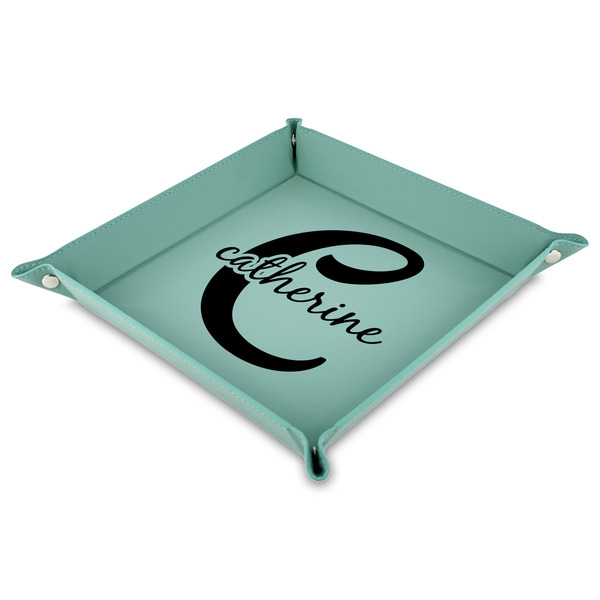 Custom Name & Initial (Girly) Faux Leather Dice Tray - 9" x 9"  - Teal (Personalized)