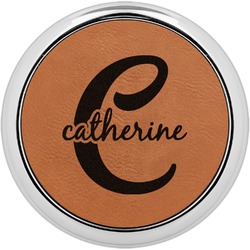 Name & Initial (Girly) Leatherette Round Coaster w/ Silver Edge (Personalized)