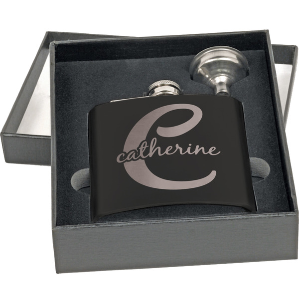 Name & Initial (Girly) Engraved Black Flask Gift Set