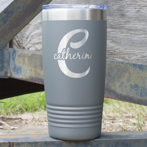 Custom Name & Initial (Girly) 20 oz Stainless Steel Tumbler - Grey - Single Sided (Personalized)