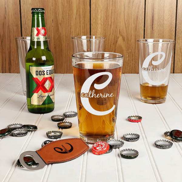 Name & Initial (Girly) Leather Bar Bottle Opener - IN CONTEXT