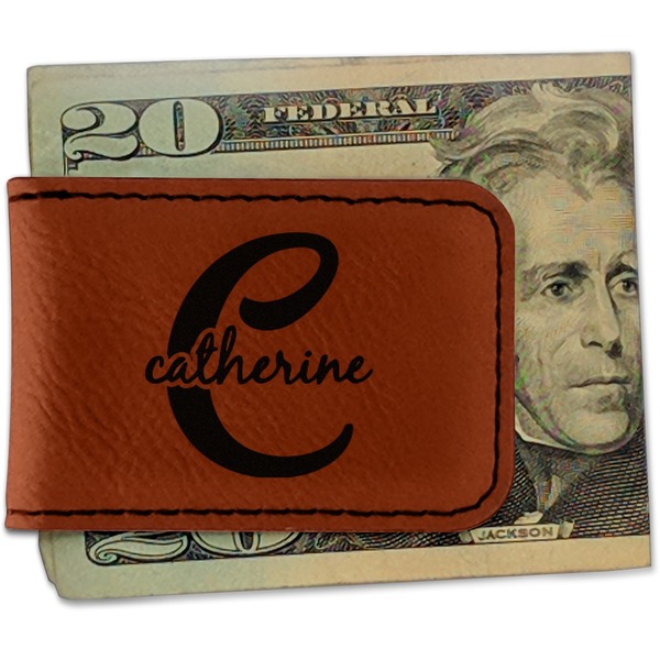 Custom Name & Initial (Girly) Leatherette Magnetic Money Clip - Single Sided (Personalized)