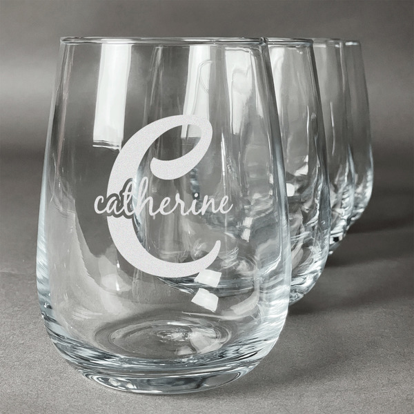 Custom Name & Initial (Girly) Stemless Wine Glasses (Set of 4) (Personalized)