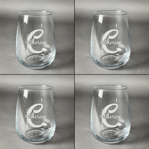 Name & Initial (Girly) Set of Four Personalized Stemless Wineglasses (Approval)