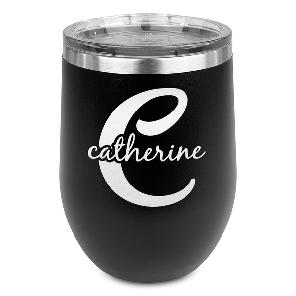 Custom Name & Initial (Girly) Stemless Stainless Steel Wine Tumbler - Black - Double Sided (Personalized)