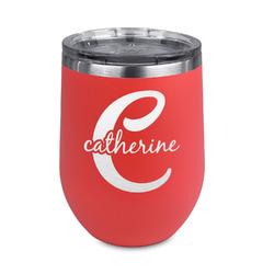 Name & Initial (Girly) Stemless Stainless Steel Wine Tumbler - Coral - Double Sided (Personalized)
