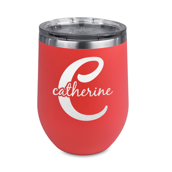Custom Name & Initial (Girly) Stemless Stainless Steel Wine Tumbler - Coral - Single Sided (Personalized)