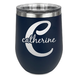 Name & Initial (Girly) Stemless Stainless Steel Wine Tumbler - Navy - Double Sided (Personalized)