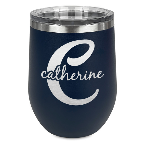 Custom Name & Initial (Girly) Stemless Stainless Steel Wine Tumbler - Navy - Single Sided (Personalized)