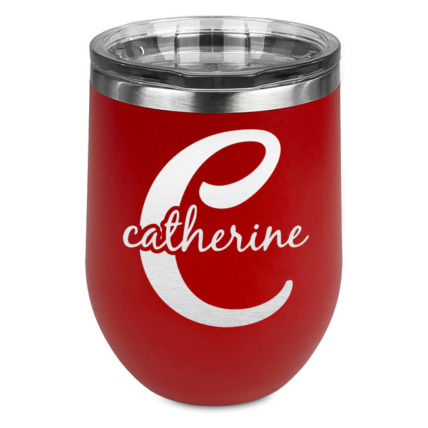 Custom Name & Initial (Girly) Stemless Stainless Steel Wine Tumbler - Red - Single Sided (Personalized)