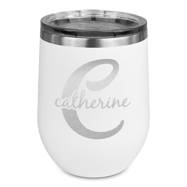Custom Name & Initial (Girly) Stemless Stainless Steel Wine Tumbler - White - Double Sided (Personalized)