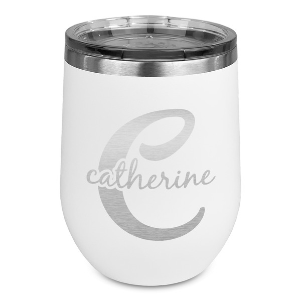 Custom Name & Initial (Girly) Stemless Stainless Steel Wine Tumbler - White - Single Sided (Personalized)