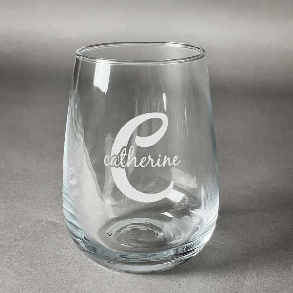 Custom Name & Initial (Girly) Stemless Wine Glass - Engraved (Personalized)