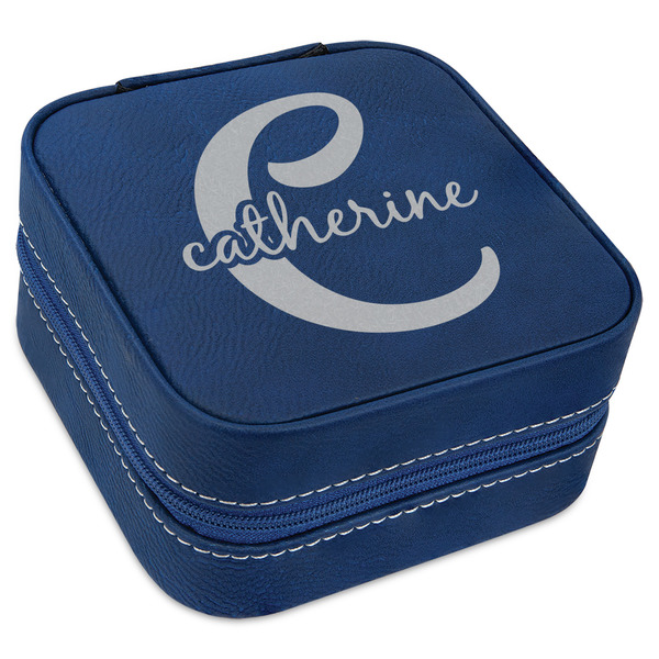 Custom Name & Initial (Girly) Travel Jewelry Box - Navy Blue Leather (Personalized)