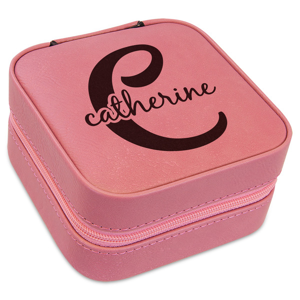 Custom Name & Initial (Girly) Travel Jewelry Boxes - Pink Leather (Personalized)