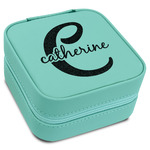 Name & Initial (Girly) Travel Jewelry Box - Teal Leather (Personalized)