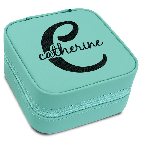 Custom Name & Initial (Girly) Travel Jewelry Box - Teal Leather (Personalized)