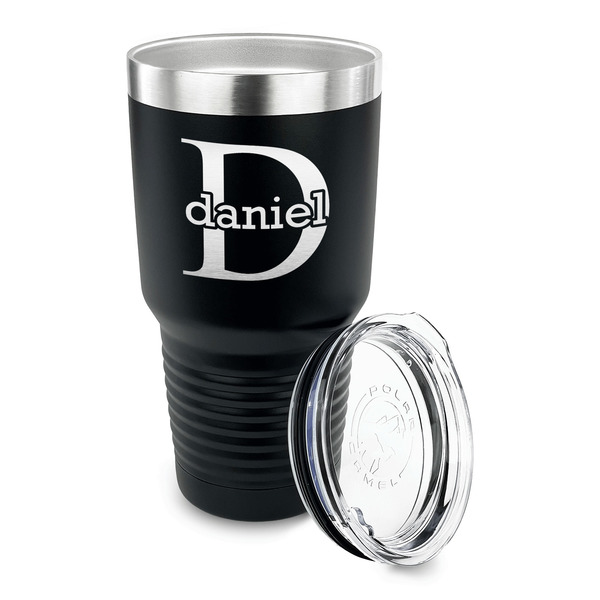 Name & Initial (for Guys) 30 oz Stainless Steel Ringneck Tumblers - Black - LID OFF