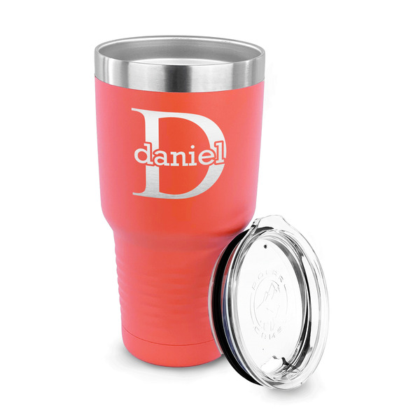Name & Initial (for Guys) 30 oz Stainless Steel Ringneck Tumblers - Coral - LID OFF